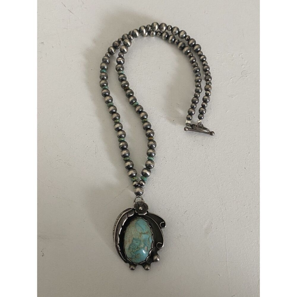 Vintage Native American Navajo Pearl Turquoise Necklace Signed 19"